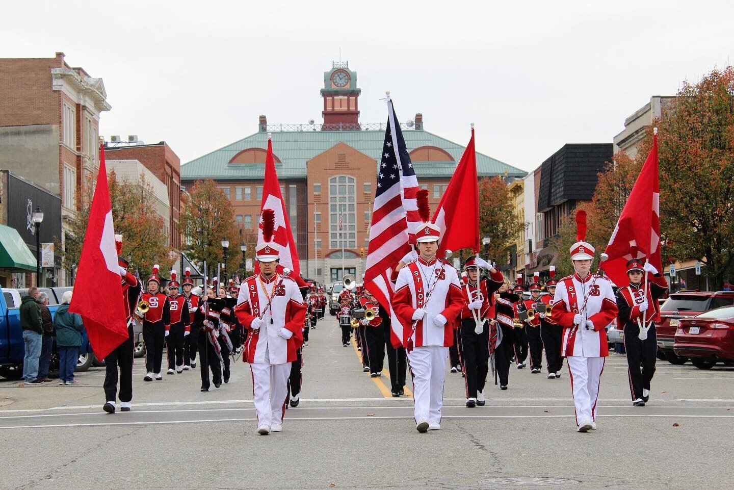 2022 St. Johns Marching Band in parade on Main Street. 